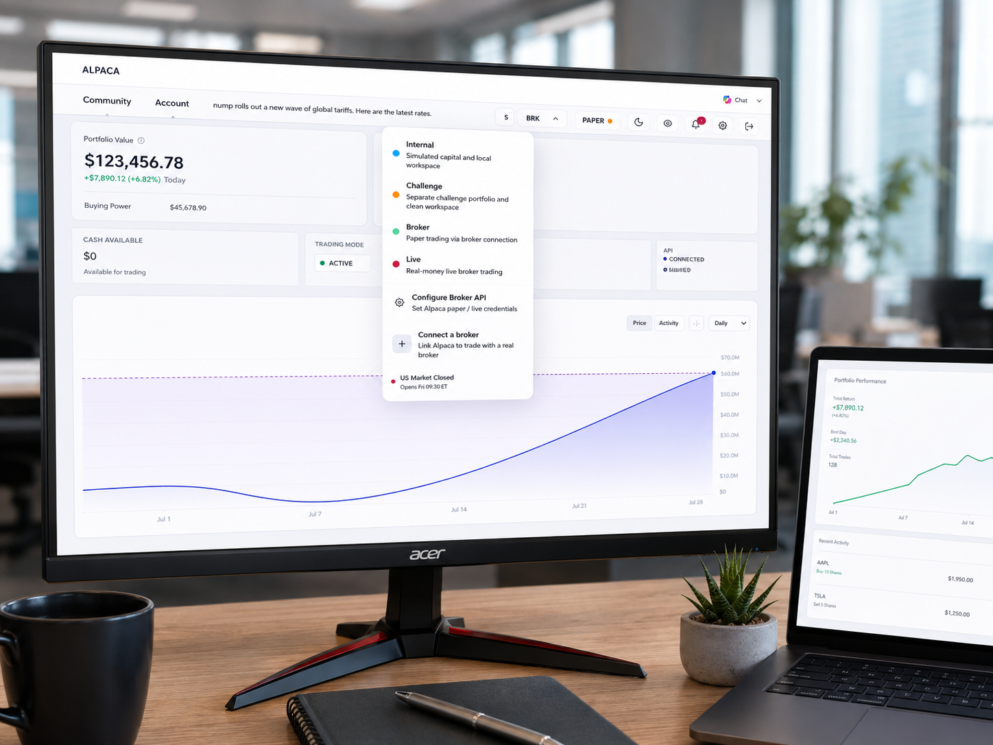 Pulsar portfolio dashboard on desktop showing portfolio value, buying power, trading mode selector and an equity curve