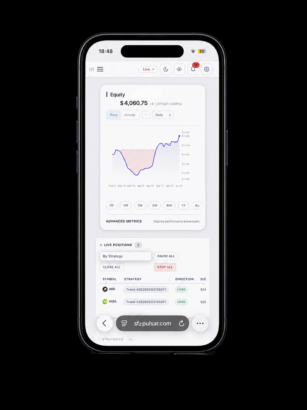 Pulsar portfolio on mobile showing equity, advanced metrics and live positions